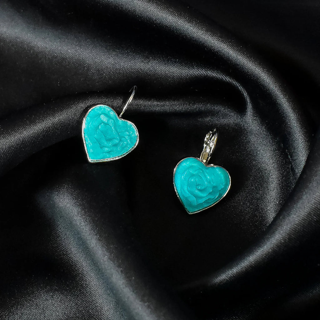 Handcrafted Turquoise Rose Heart Drop Earrings – Elegant Floral Enamel Jewelry