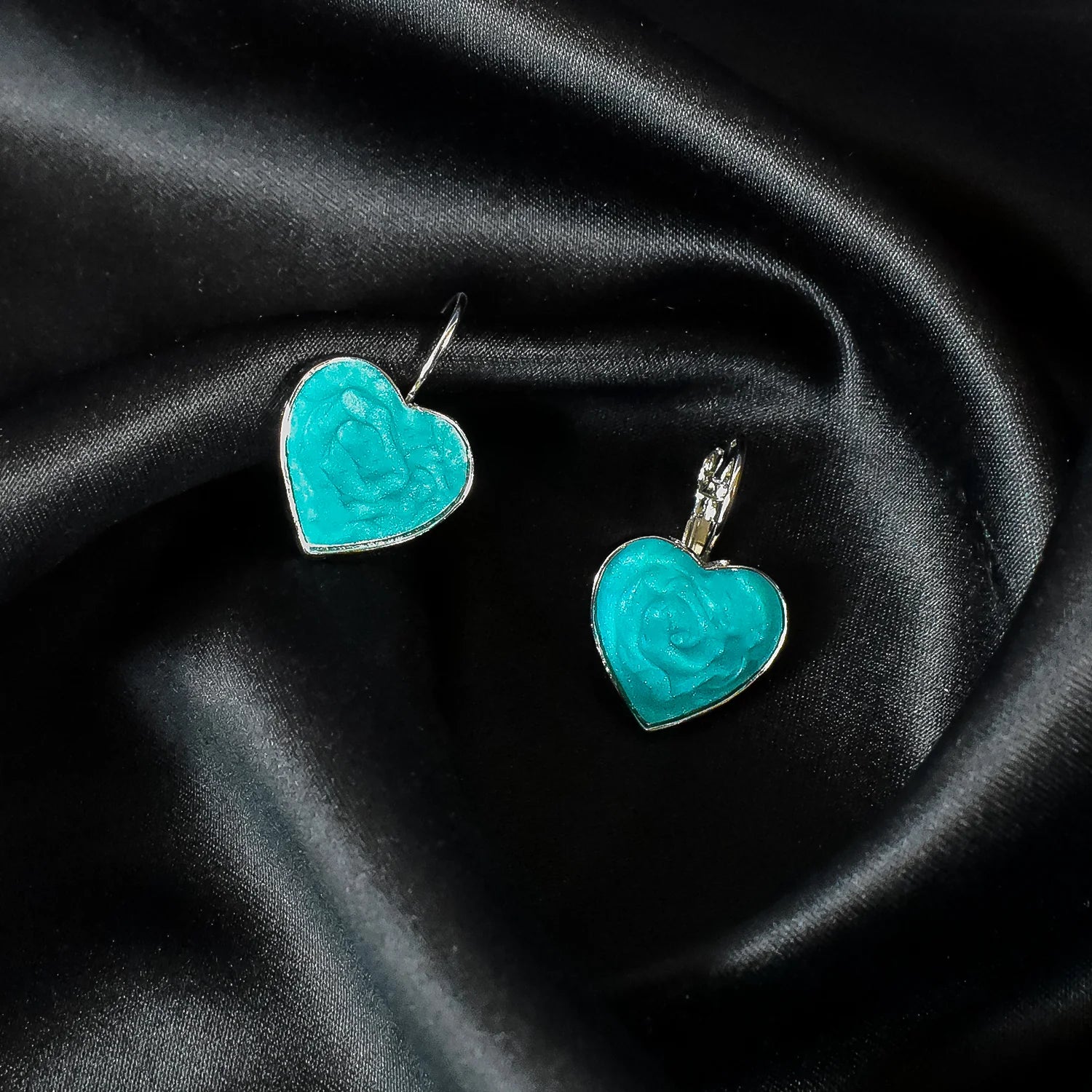 Handcrafted Turquoise Rose Heart Drop Earrings – Elegant Floral Enamel Jewelry