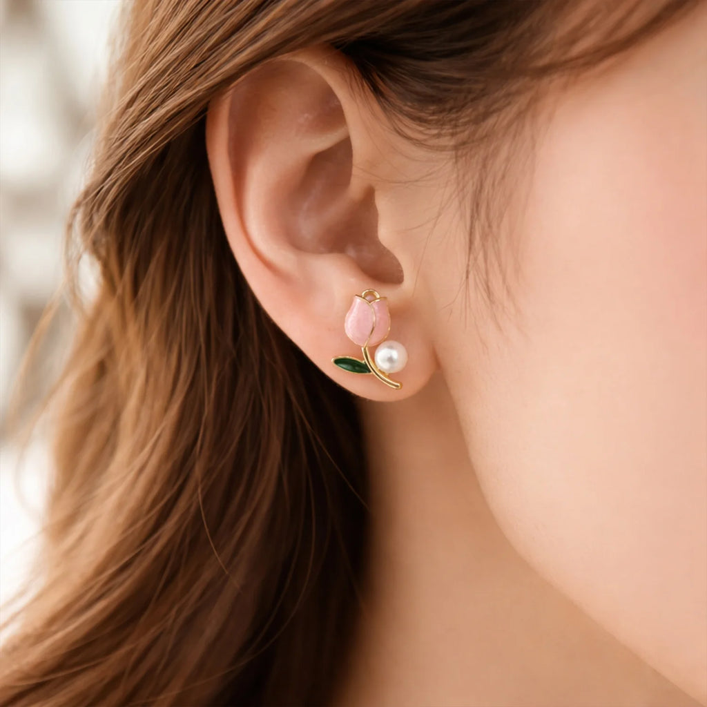 Handcrafted Pink Tulip Pearl Stud Earrings – Elegant Floral Gold Jewelry
