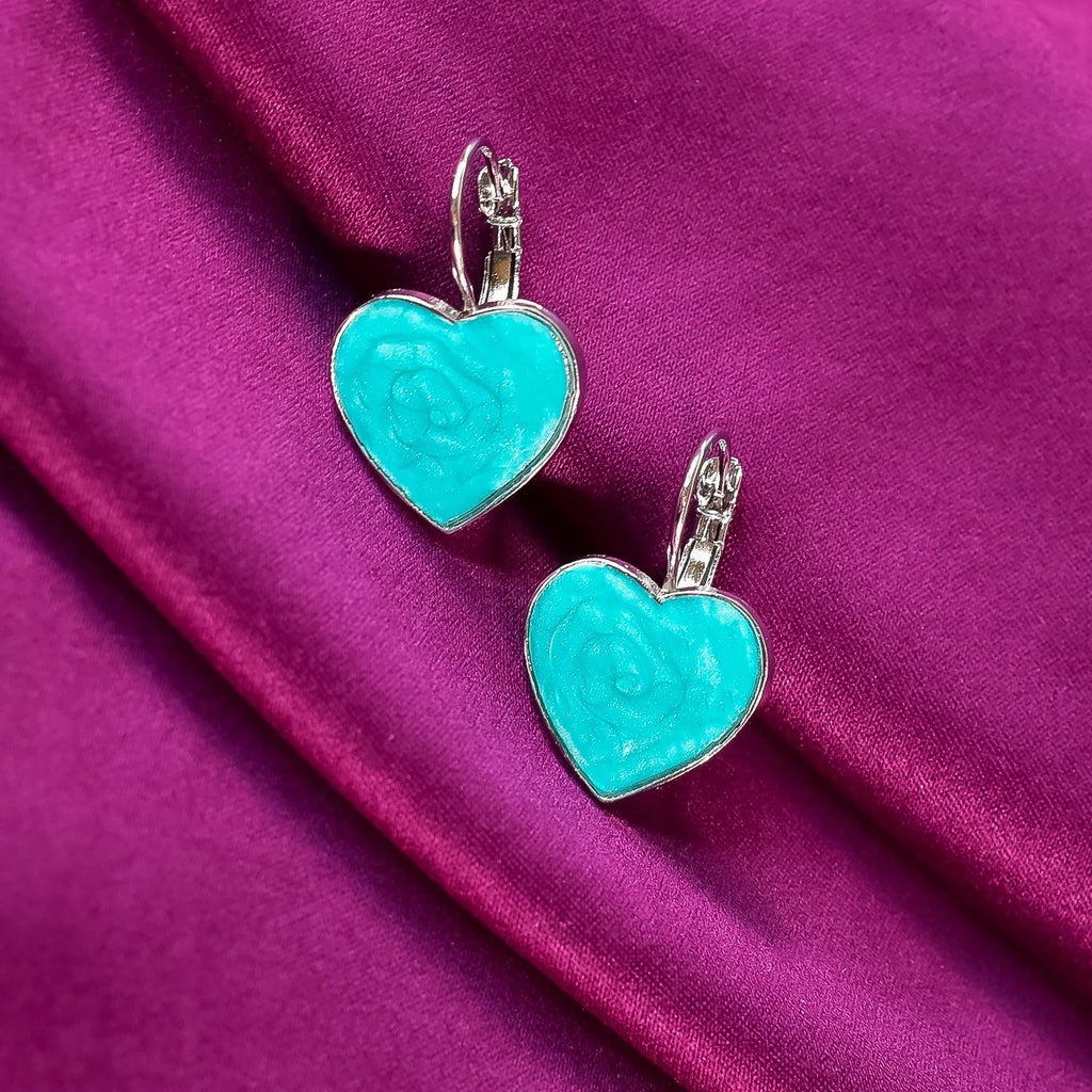Handcrafted Turquoise Rose Heart Drop Earrings – Elegant Floral Enamel Jewelry