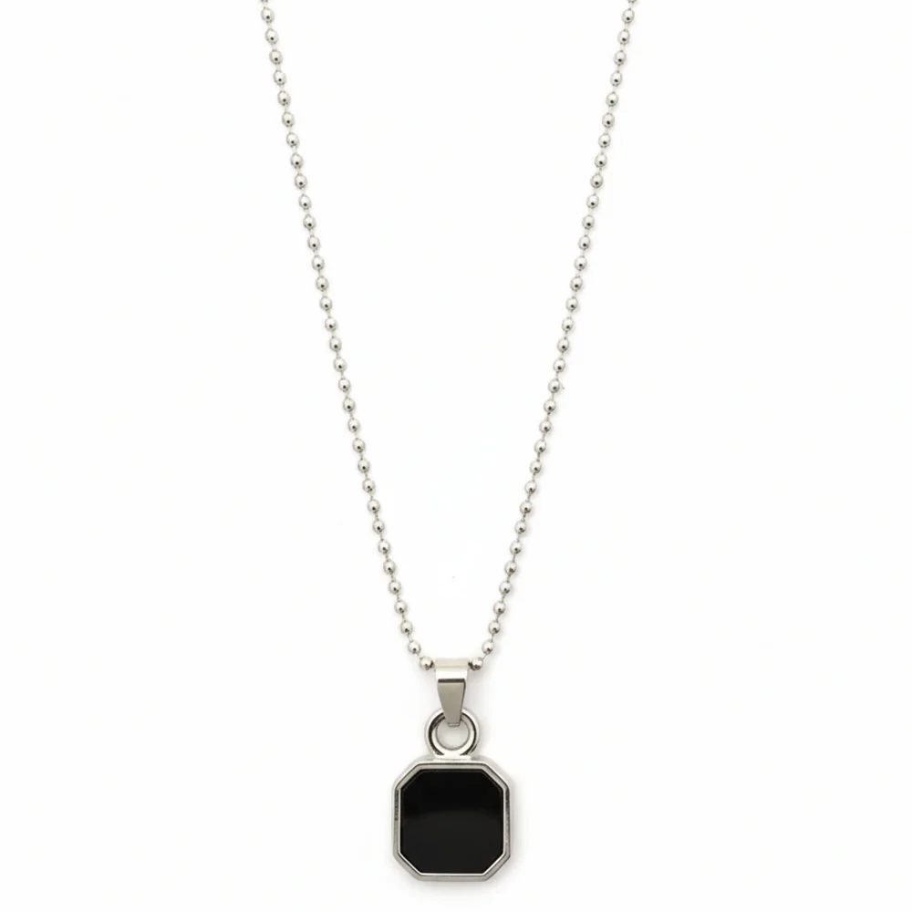 Modern Black Octagon Pendant Necklace – Sleek Stainless Steel Unisex Jewelry