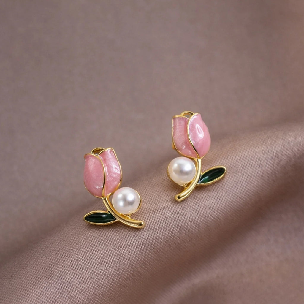 Handcrafted Pink Tulip Pearl Stud Earrings – Elegant Floral Gold Jewelry