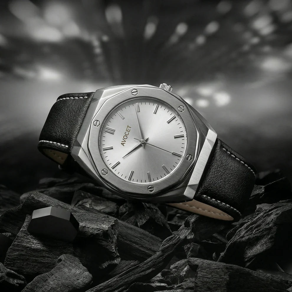Luxury Octagonal Silver Dial Leather Strap Watch