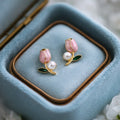Handcrafted Pink Tulip Pearl Stud Earrings – Elegant Floral Gold Jewelry