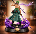 Anime three-sword style warrior figure with green hair and purple energy effects on a wooden surface.