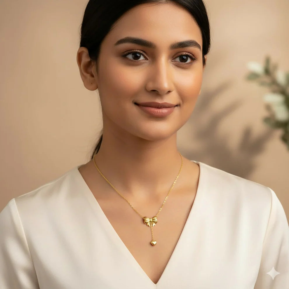Elegant Gold Bow Lariat Necklace – Delicate Heart Drop Pendant for Timeless Style