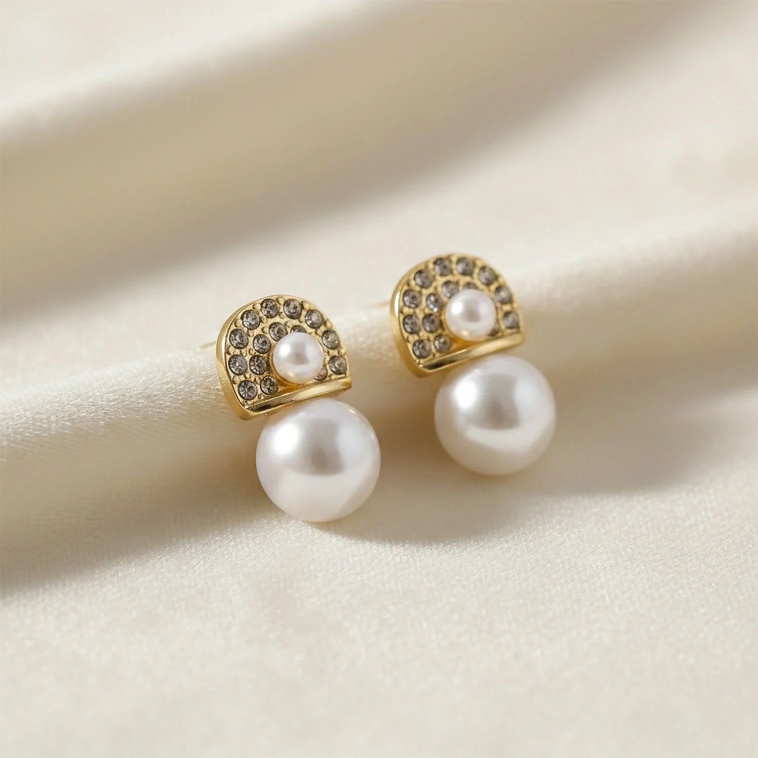 Crystal Halo Pearl Stud Earrings – Elegant Gold-Tone Pearl Jewelry
