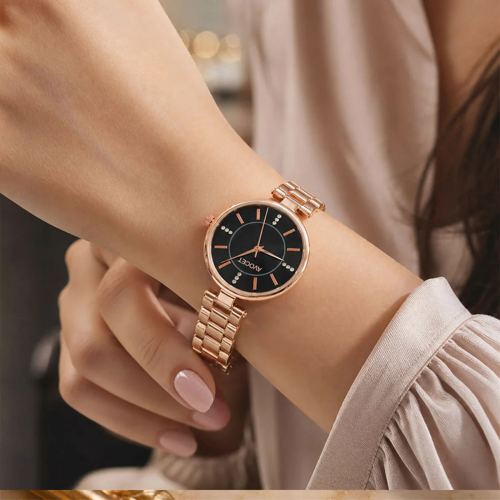 Luxury Rose Gold Black Dial Women's Watch