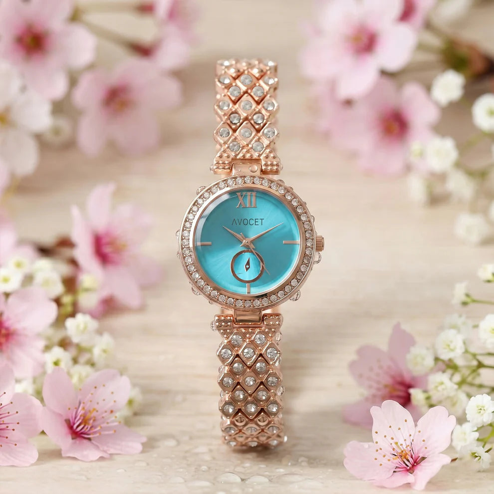 Luxury Rose Gold Turquoise Dial Crystal Bracelet Watch