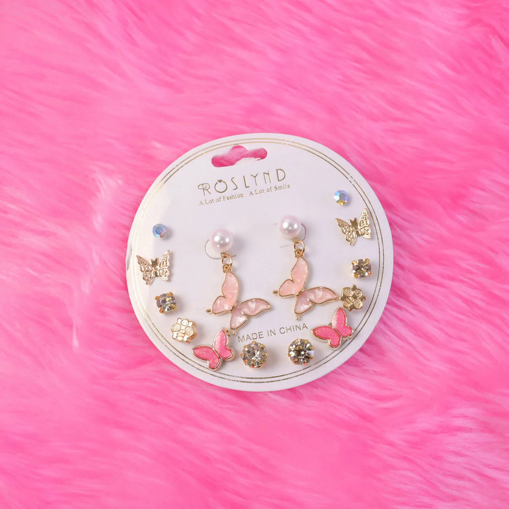 7-Pair Pink Butterfly & Pearl Stud Earring Set – Crystal Fashion Jewelry for Women