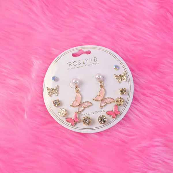 7-Pair Pink Butterfly & Pearl Stud Earring Set – Crystal Fashion Jewelry for Women