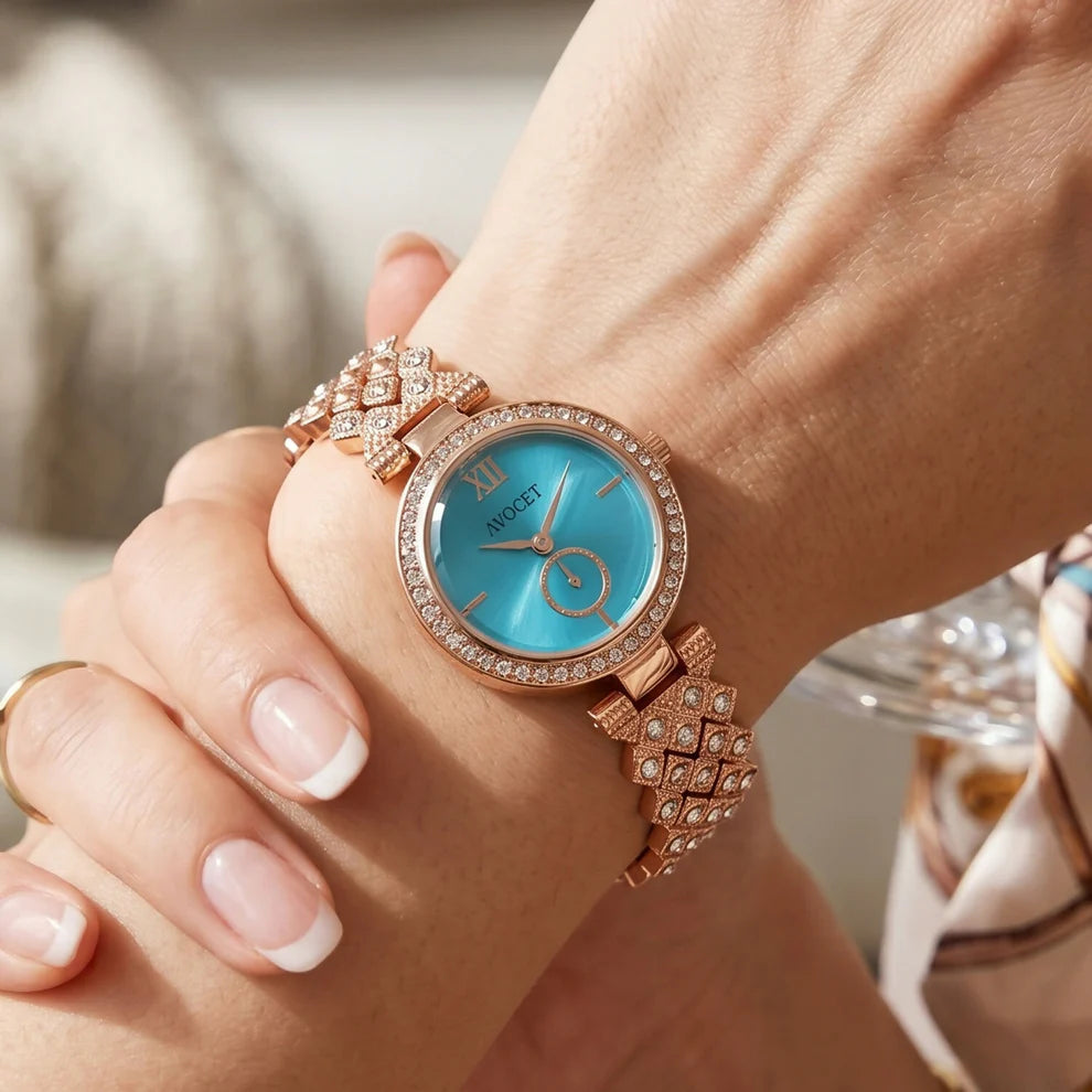 Luxury Rose Gold Turquoise Dial Crystal Bracelet Watch