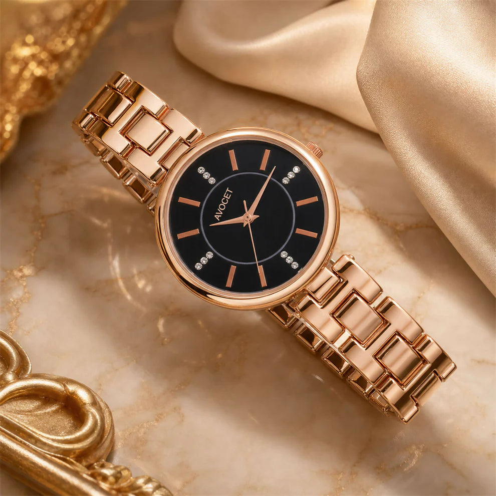 Luxury Rose Gold Black Dial Women's Watch