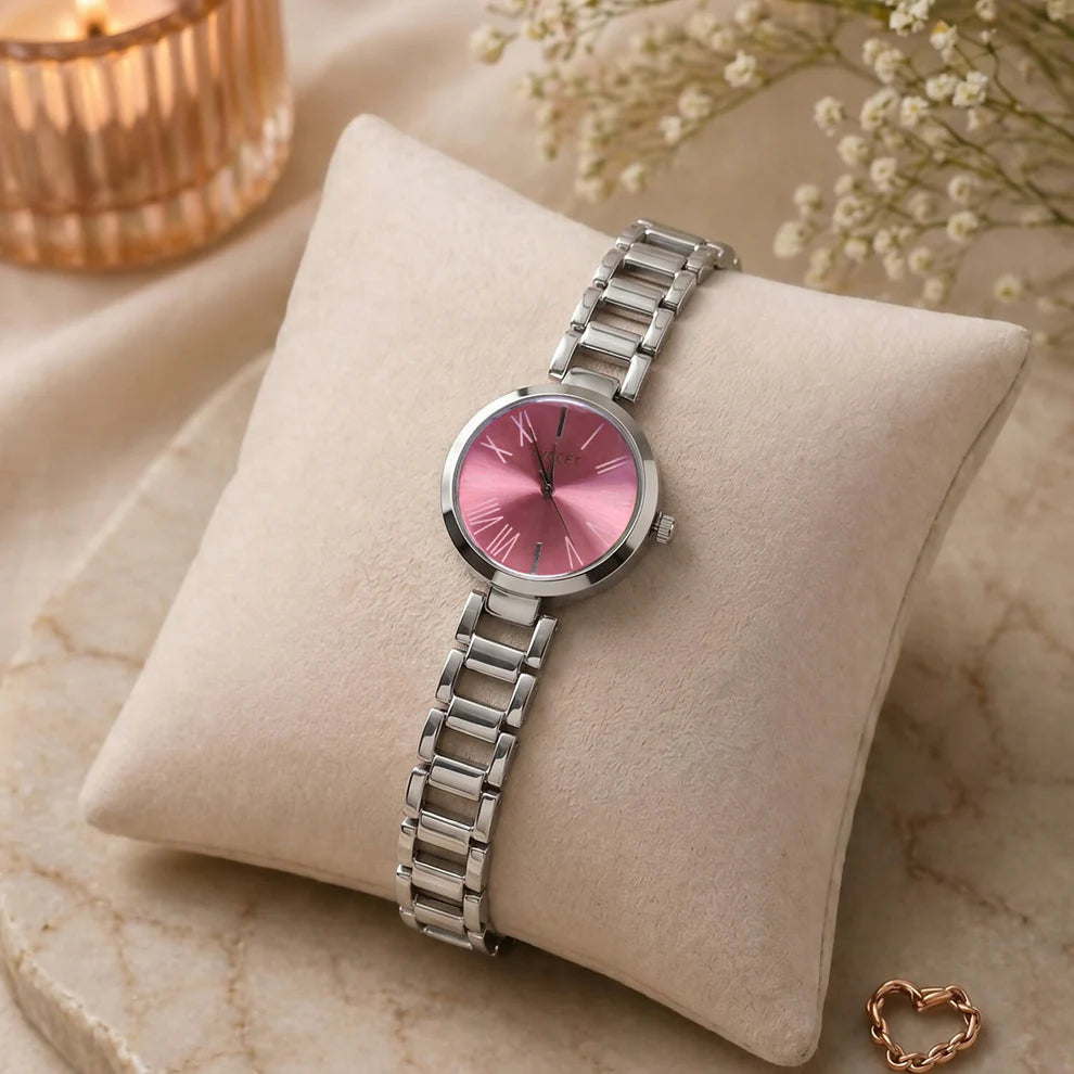 Luxury Silver Pink Sunburst Dial Women's Watch