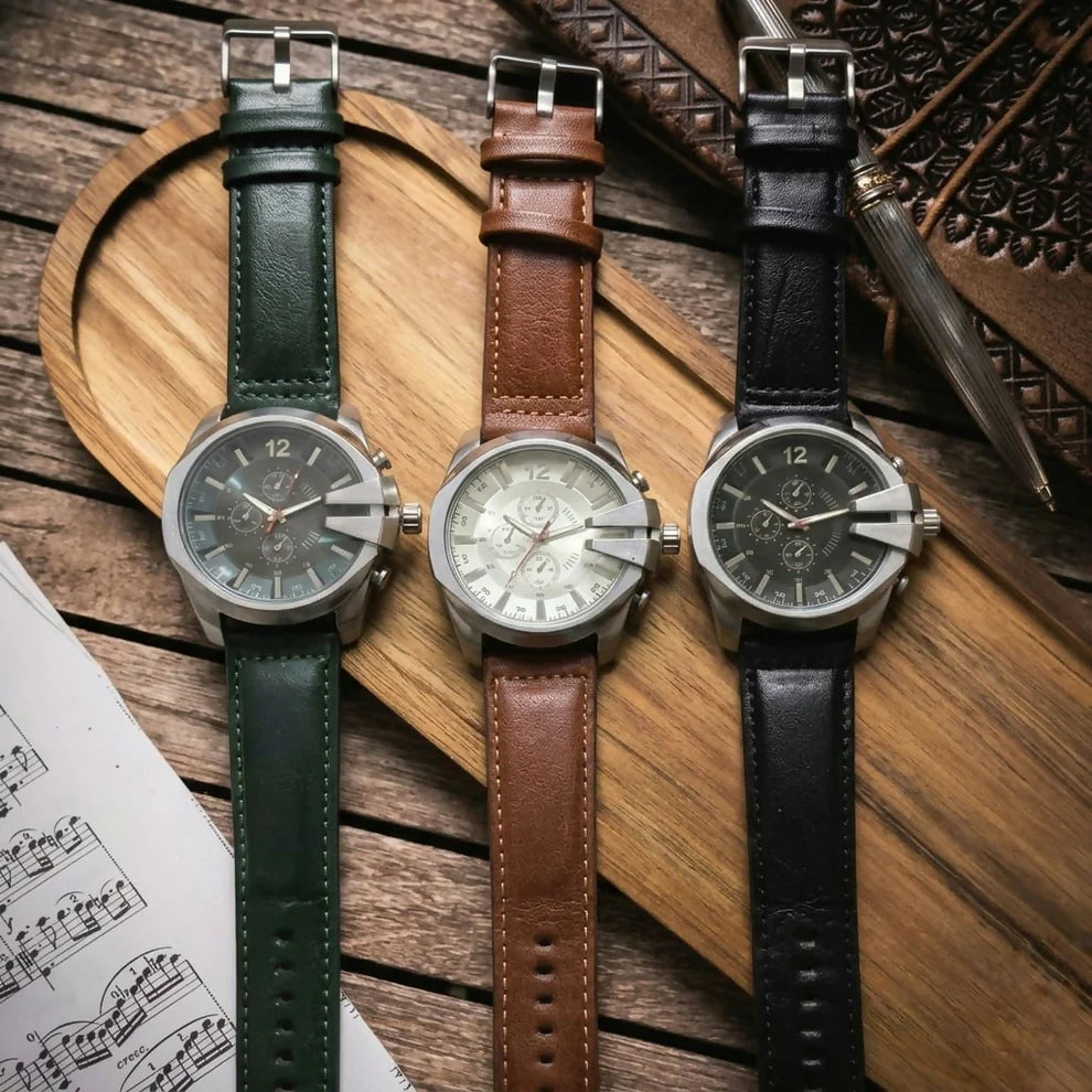 Classic Silver Chronograph with Brown Leather Strap