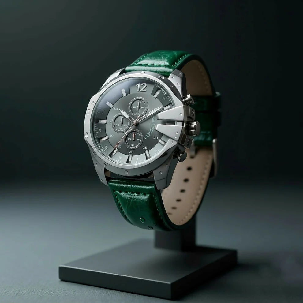 Classic Silver Chronograph with Brown Leather Strap