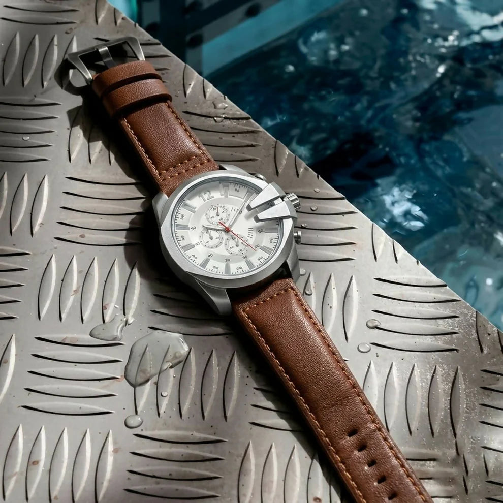 Classic Silver Chronograph with Brown Leather Strap
