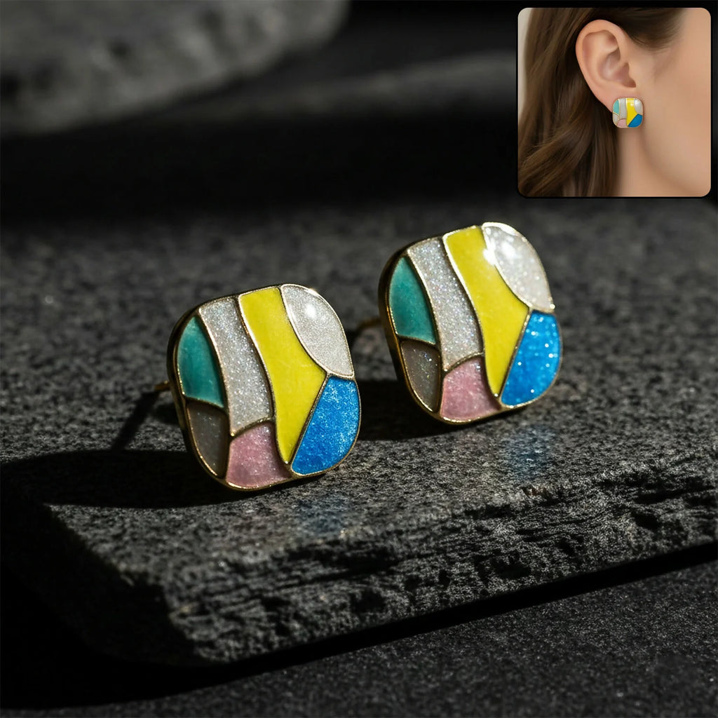 Handcrafted Abstract Mosaic Square Stud Earrings – Modern Color Block Enamel Jewelry