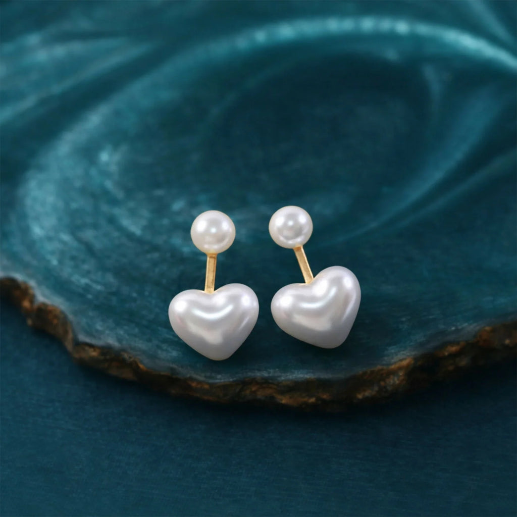Elegant Pearl Heart Stud Earrings – Gold-Tone Minimalist Jewelry