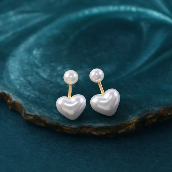 Elegant Pearl Heart Stud Earrings – Gold-Tone Minimalist Jewelry