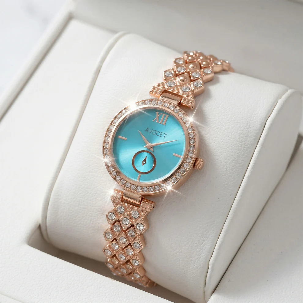 Luxury Rose Gold Turquoise Dial Crystal Bracelet Watch