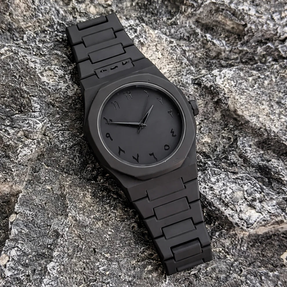 "Luxury Matte Black Arabic Dial Stainless Steel Watch"