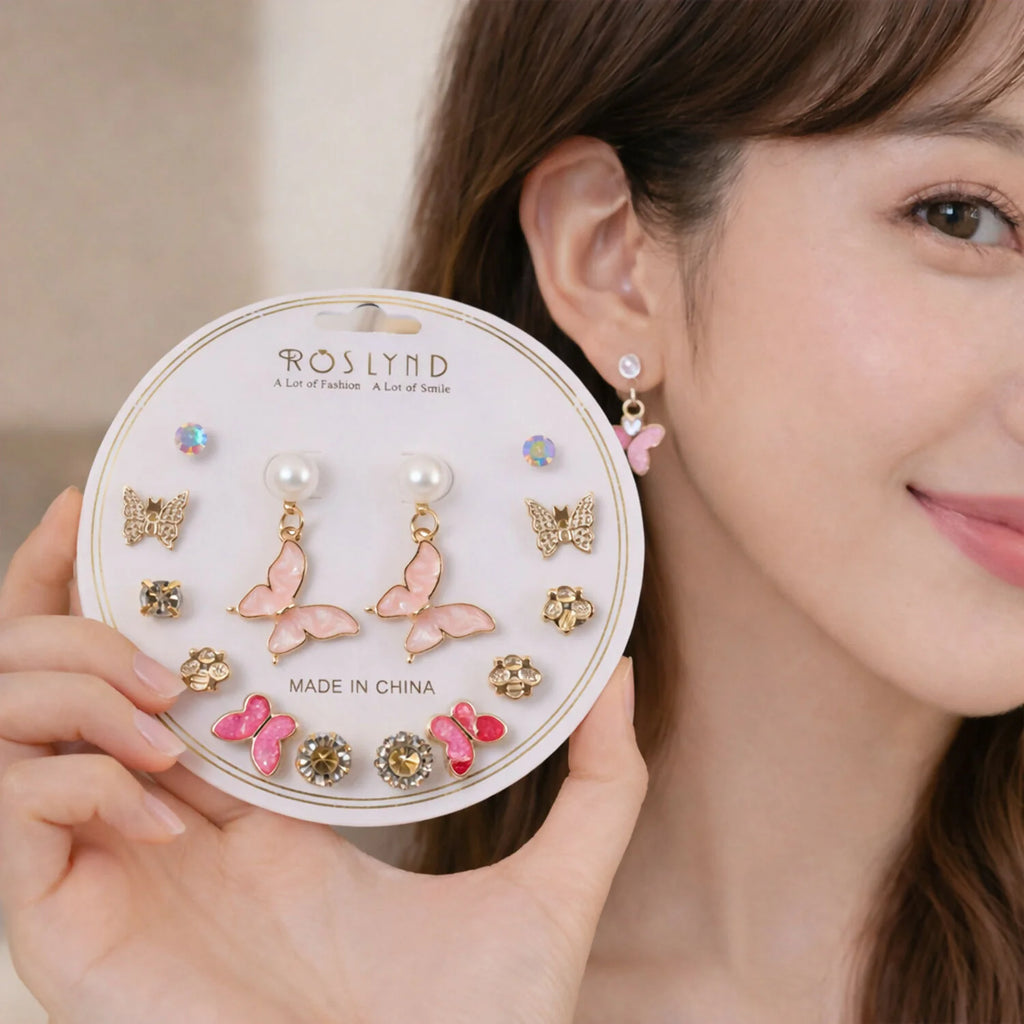 7-Pair Pink Butterfly & Pearl Stud Earring Set – Crystal Fashion Jewelry for Women