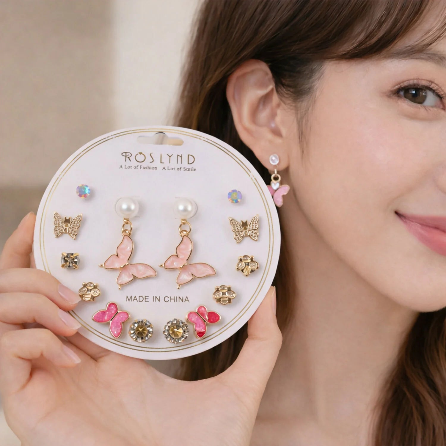 7-Pair Pink Butterfly & Pearl Stud Earring Set – Crystal Fashion Jewelry for Women