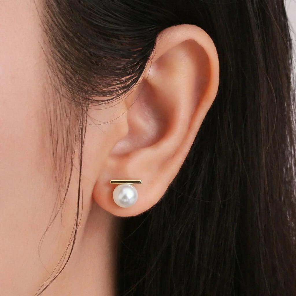 Minimalist Gold Bar Pearl Stud Earrings – Elegant Timeless Jewelry