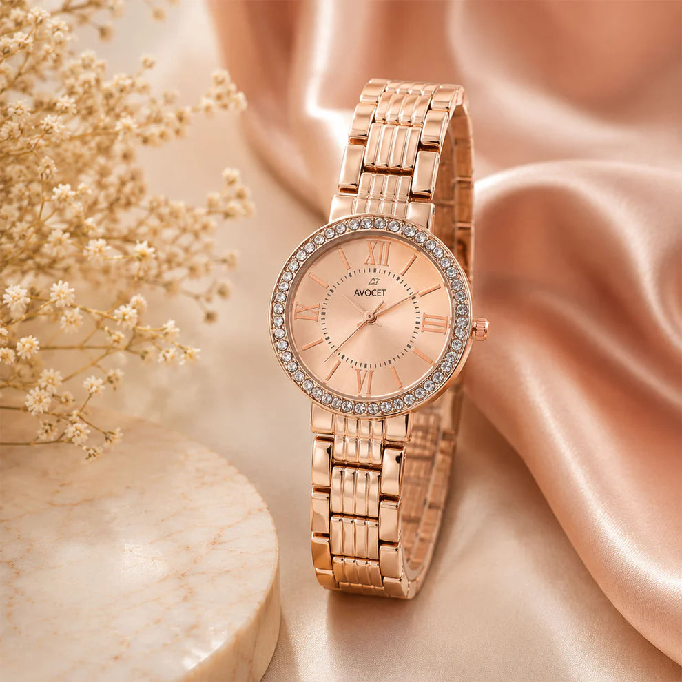 Luxury Rose Gold Crystal Analog Watch for Women