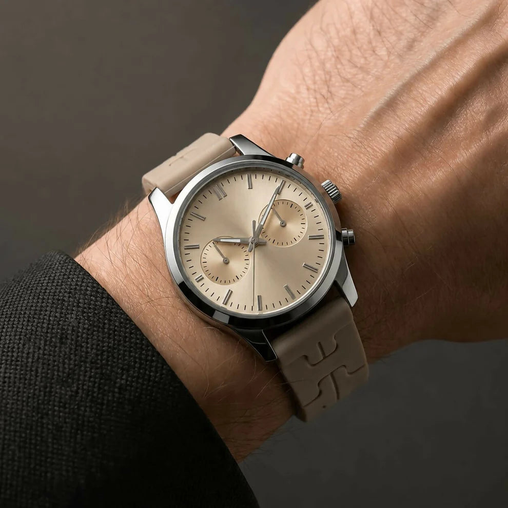 Luxury Silver Chronograph Watch with Beige Silicone Strap