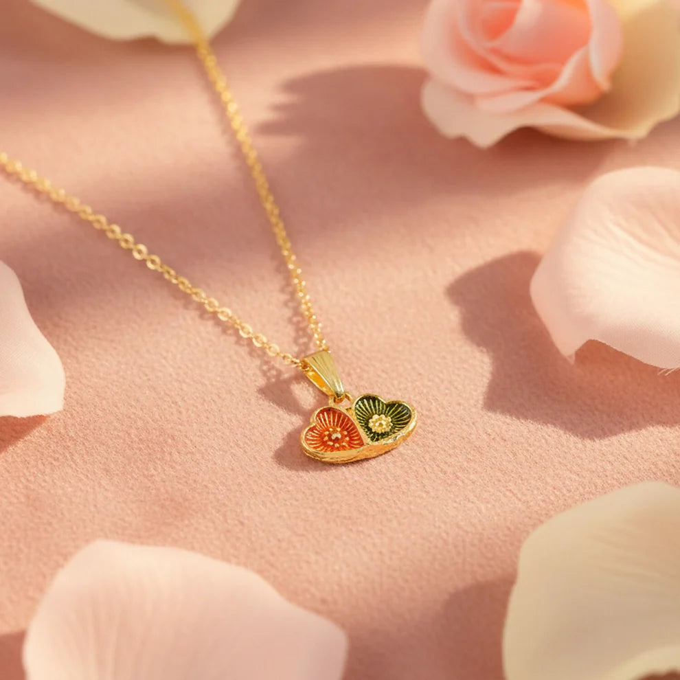 Gold-Plated Dual Heart Enamel Pendant Necklace for Women