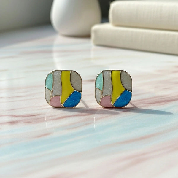 Handcrafted Abstract Mosaic Square Stud Earrings – Modern Color Block Enamel Jewelry
