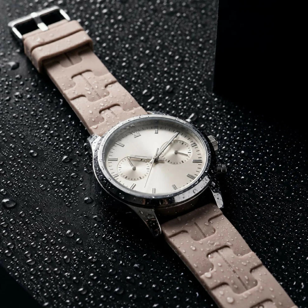 Luxury Silver Chronograph Watch with Beige Silicone Strap