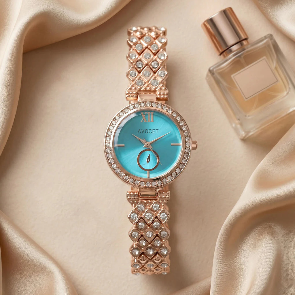Luxury Rose Gold Turquoise Dial Crystal Bracelet Watch