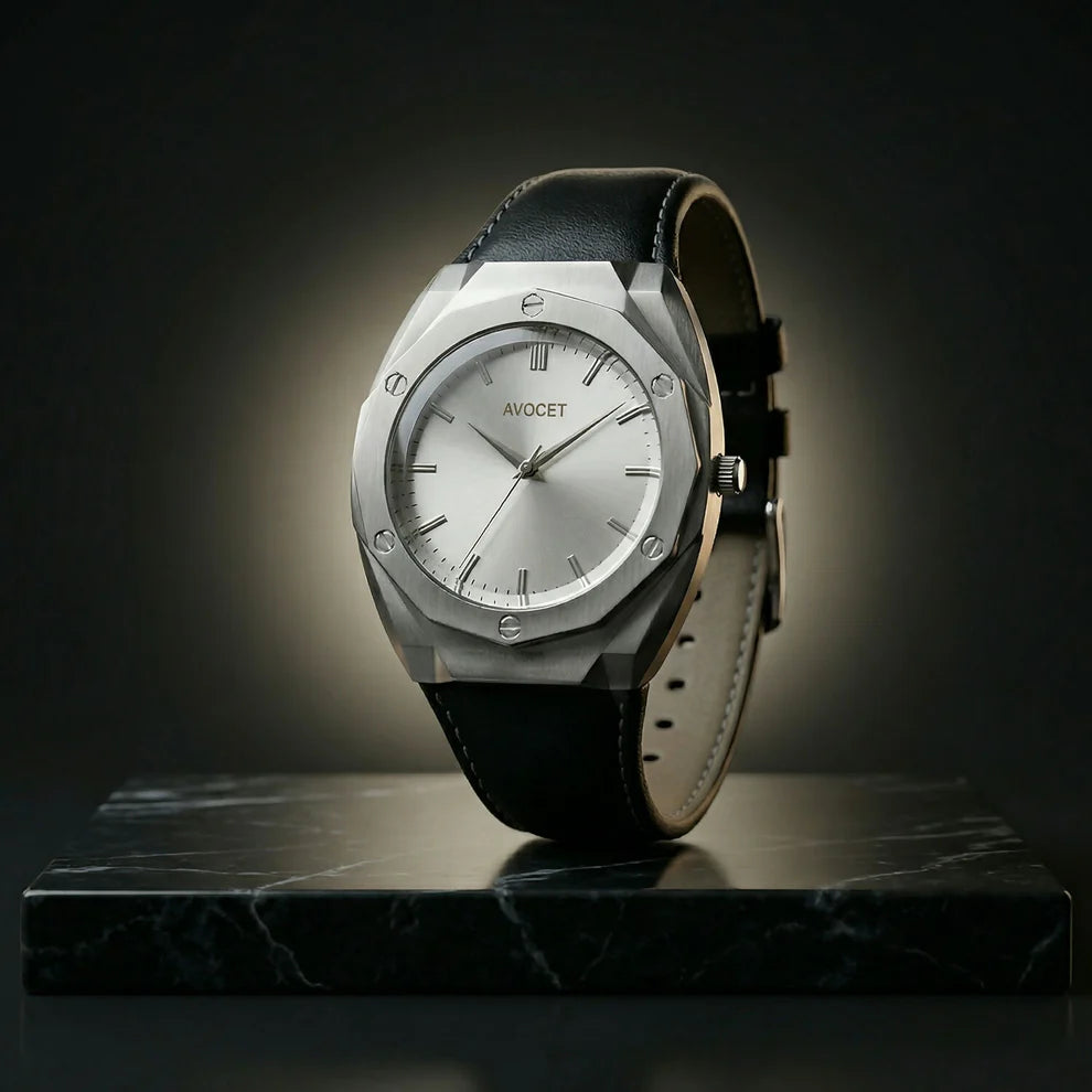 Luxury Octagonal Silver Dial Leather Strap Watch
