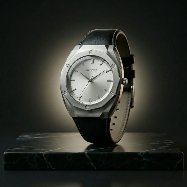 Luxury Octagonal Silver Dial Leather Strap Watch