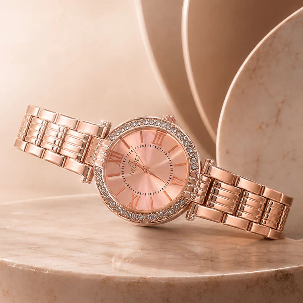 Luxury Rose Gold Crystal Analog Watch for Women