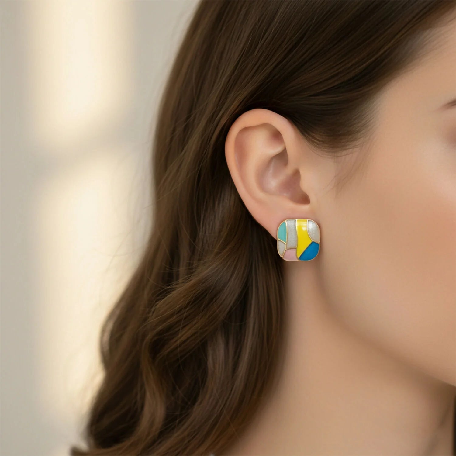 Handcrafted Abstract Mosaic Square Stud Earrings – Modern Color Block Enamel Jewelry