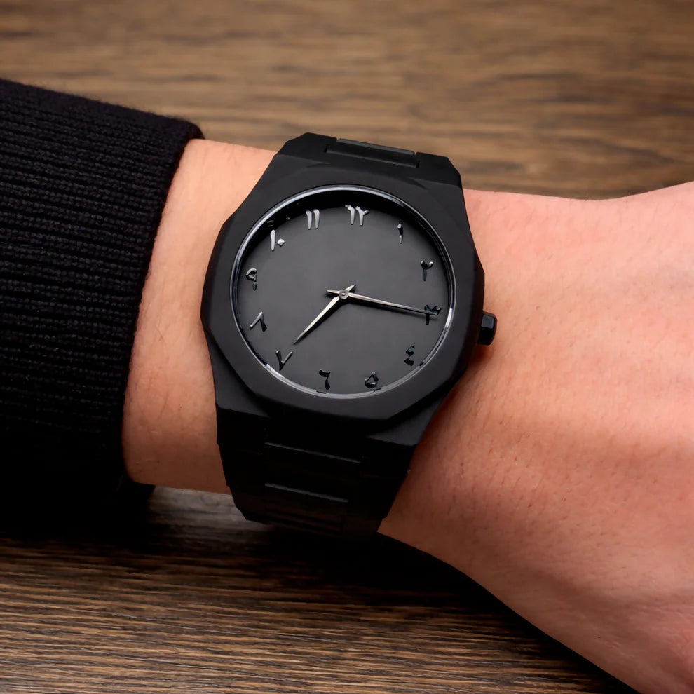 "Luxury Matte Black Arabic Dial Stainless Steel Watch"