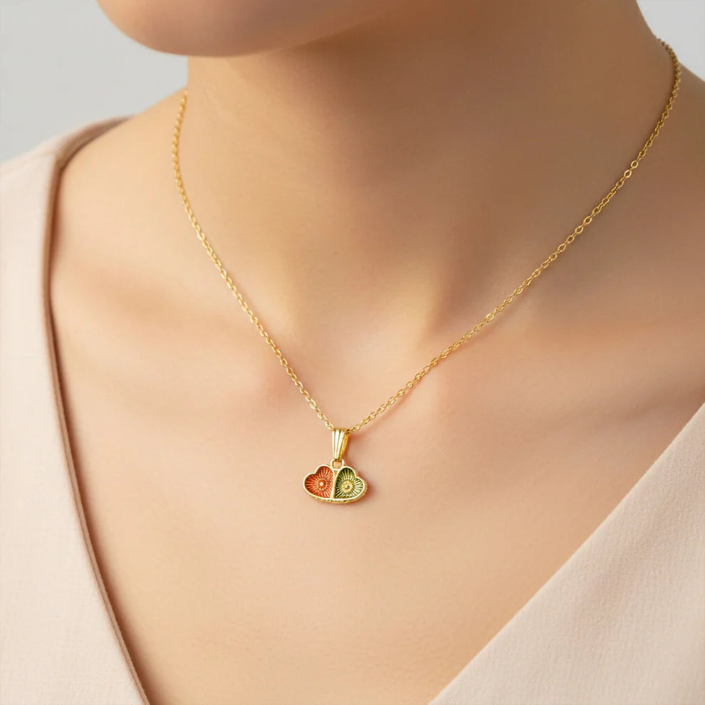 Gold-Plated Dual Heart Enamel Pendant Necklace for Women