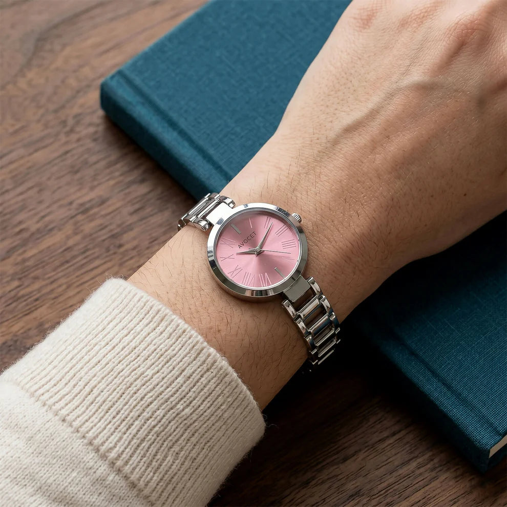 Luxury Silver Pink Sunburst Dial Women's Watch