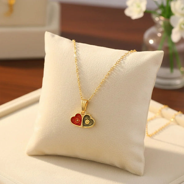 Gold-Plated Dual Heart Enamel Pendant Necklace for Women