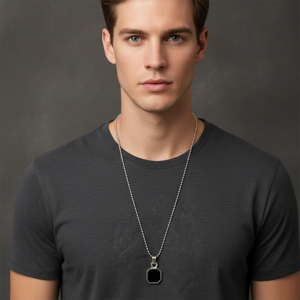 Modern Black Octagon Pendant Necklace – Sleek Stainless Steel Unisex Jewelry
