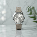 Luxury Silver Chronograph Watch with Beige Silicone Strap