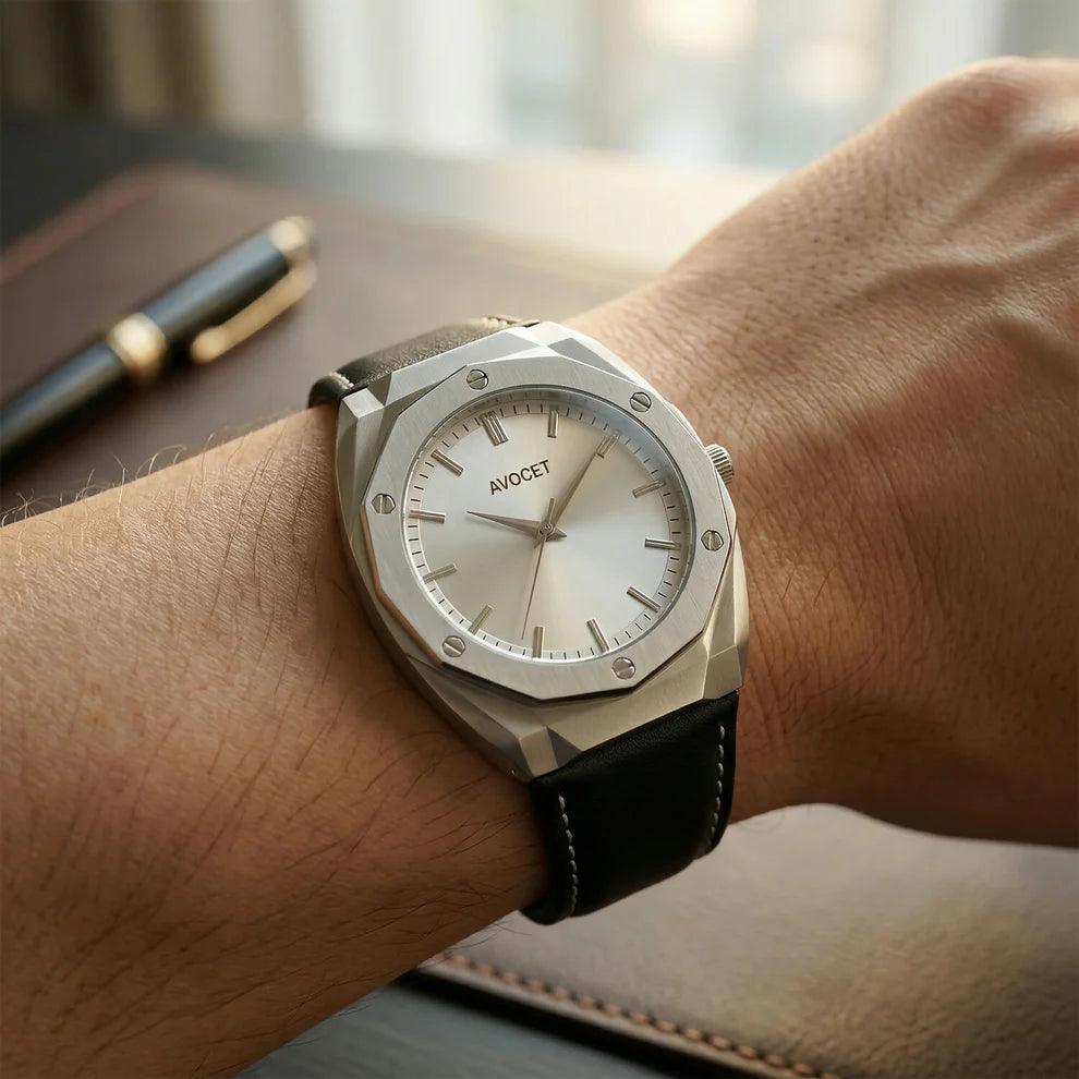 Luxury Octagonal Silver Dial Leather Strap Watch