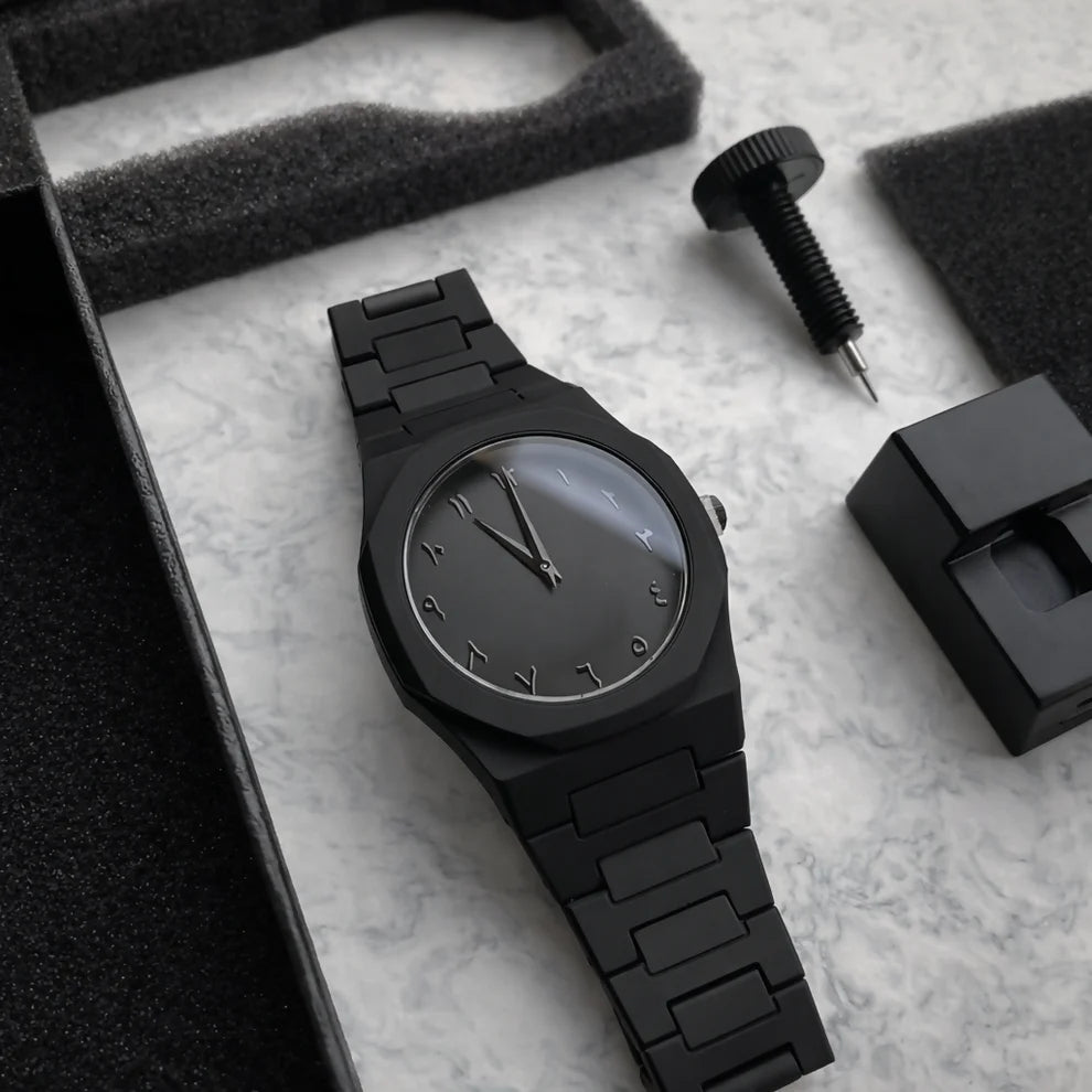 "Luxury Matte Black Arabic Dial Stainless Steel Watch"