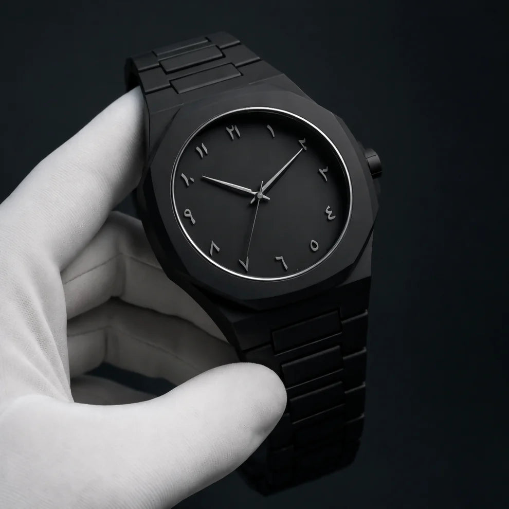 "Luxury Matte Black Arabic Dial Stainless Steel Watch"