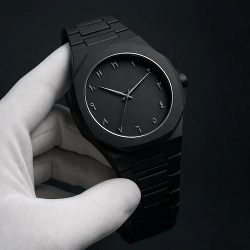 "Luxury Matte Black Arabic Dial Stainless Steel Watch"