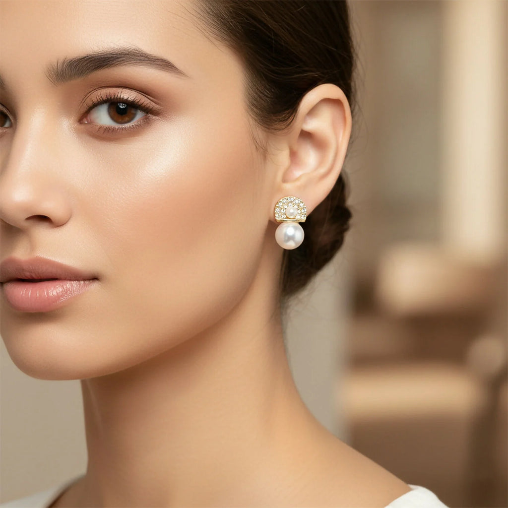 Crystal Halo Pearl Stud Earrings – Elegant Gold-Tone Pearl Jewelry
